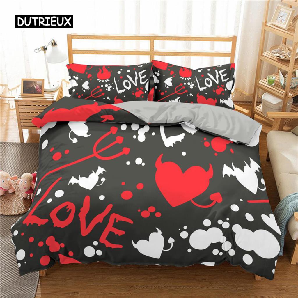 Love Heart Duvet Cover Set King Size Black Red Heart Spot Twin Quilt Cover Arrow of Love Polyester Bedding Set for Teens Couples