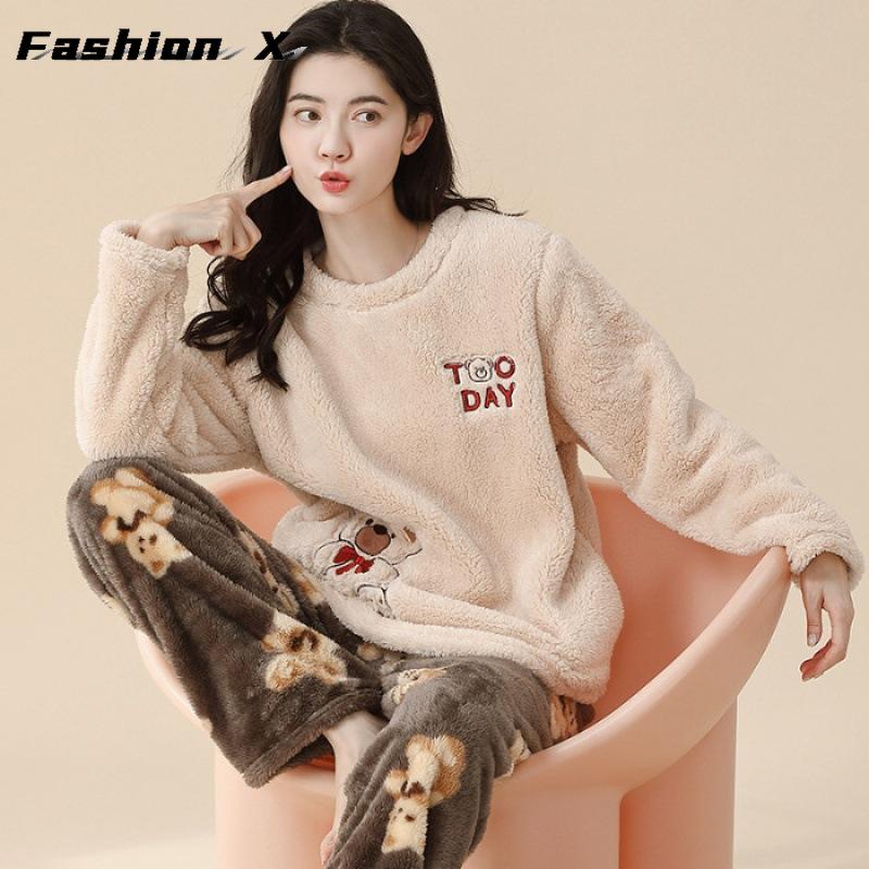 Thickened Warm Large Size Padded Fall and Winter Women's Pajamas Top and Pants Set Coral Velvet Ladies Cartoon Bear 2PCS/Set