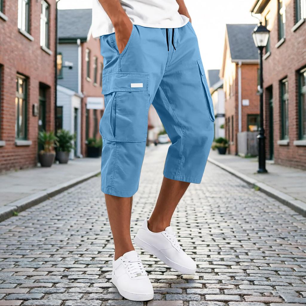 Men’s Drawstring Waist Multi Pocket Cargo Capri Pants Relaxed Fit Seven Quarter Length Casual Trousers for Everyday Wear