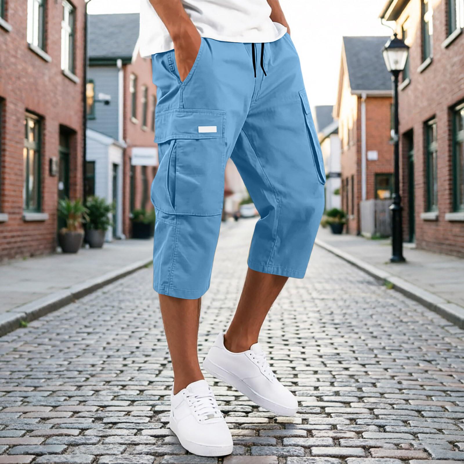 Xingben Six Heren Capri Broek met Trekkoord Taille en Meerdere Zakken Cargo Relaxte Pasvorm Zeven Achtste Lengte Casual Broek voor Dagelijks Gebruik L