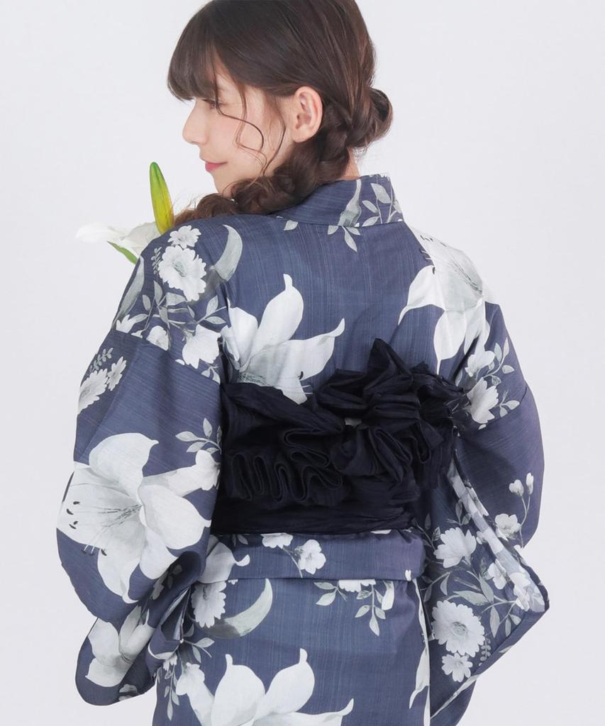 Yukata Set Junior Retro Change Weave 3 Piece Set Heiko C Girls Lily Floret Evening [KYOETSU] (Yukata, Obi, Geta) (130cm, 11. Wear)