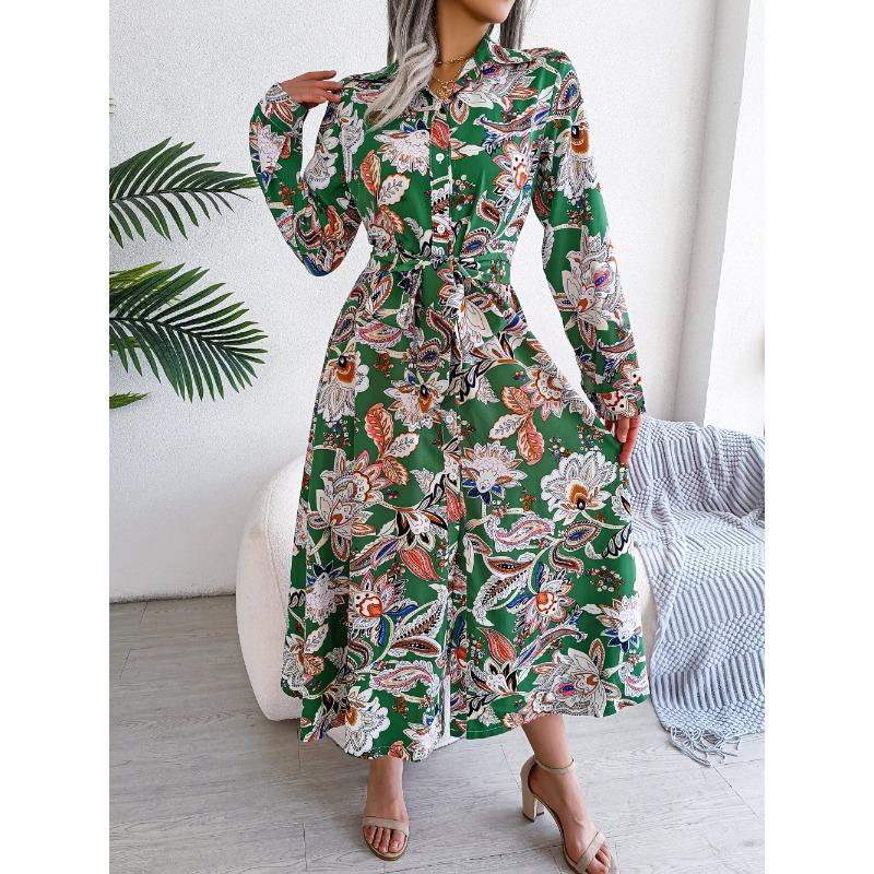 Women's Long Dress Summer Long Sleeve Vintage Floral Lapel Tied Shirt Dress Women Fashion Single Breasted Loose Casual Office Ladies Dresses