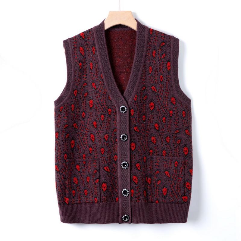 

Одежда для женщин среднего и пожилого возраста, осенняя одежда, новый вязаный свитер, бабушкин осенний свитер-жилет, куртка, жилет-топ для мамы 4XL (recommended 130-72.5kg) темно-коричневого