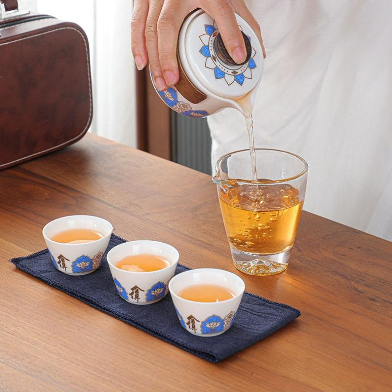 Ceramic Tea Set Travel Portable Outdoor Tea Bag Ceramic One Pot Three Cups Tea Set Home Office Quick Customer Cup Handheld Gift