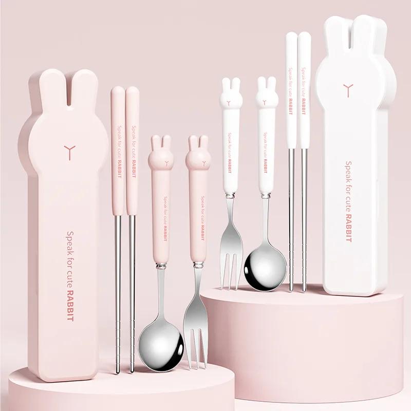 Cutlery Set With Case Cartoon Stainless Steel Fork Spoon Chopsticks Portable Cutlery Set Reusable Travel Tableware
