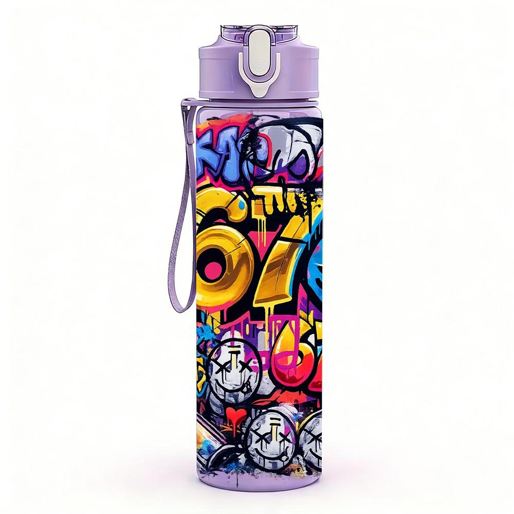 1PC 67 Retro Psychedelic Graffiti Print 750ml Color Plastic Sports Water Bottle Leakproof Flip Straw Lid Suitable for Sports Office Home Use