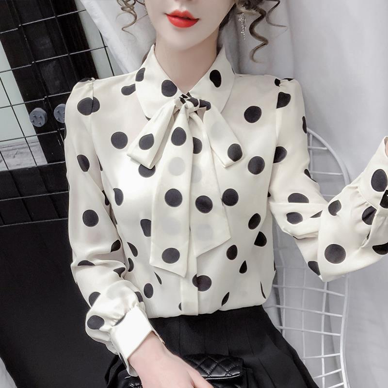Women's Polka Dot Print Bow Elegant Chic Sweet Button Up Shirt Spring Autumn Casual Long Sleeve Office Ladies Blouse Top Blusas