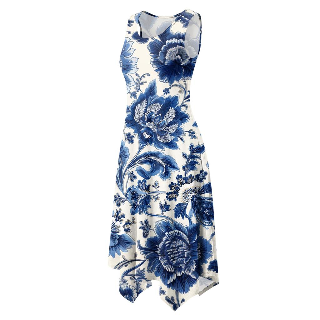 Women's Casual Sleeveless Floral Midi Dress, Round Neck Irregular Hem Summer Dress