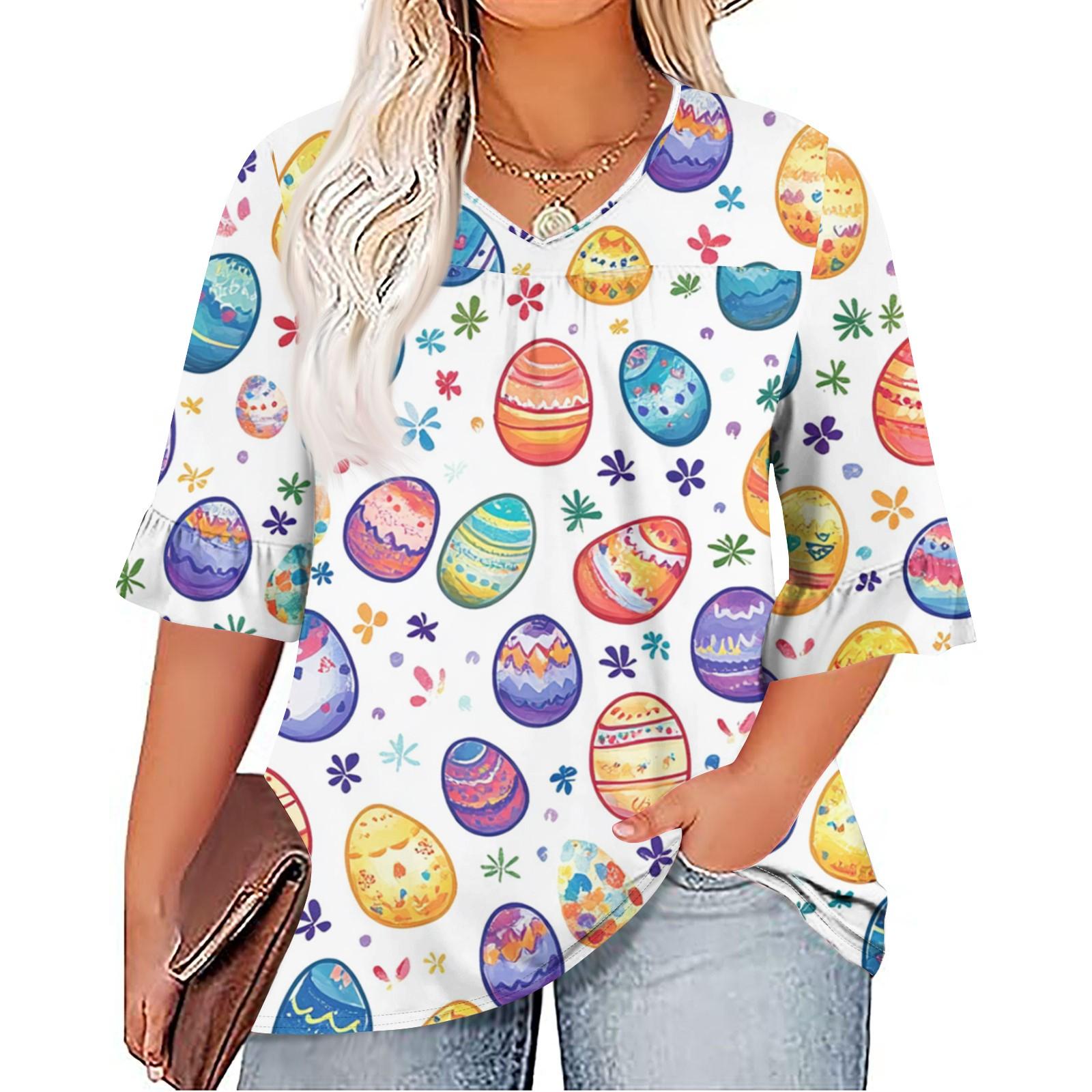 

Women s Fashion Casual Easter Printed V-Neck Seven Minute Sleeve Ruffle Sleeve T-Shirt Tops Plus Size Women s XXXXL