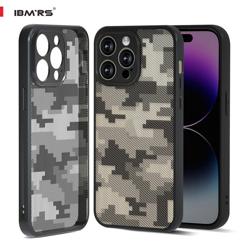 (Comes with wrist strap)IBMRS for Apple iPhone 14 pro max Case 6.7 Inches camo  Clear Hard Back and Flexible TPU Frame Shockproof Phone Cover
