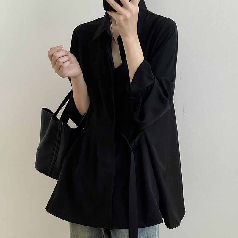 

Женская рубашка оверсайз, свободная блузка, повседневный пуловер с длинным рукавом, однотонный, мягкий свободный топ-рубашка XXL чёрный