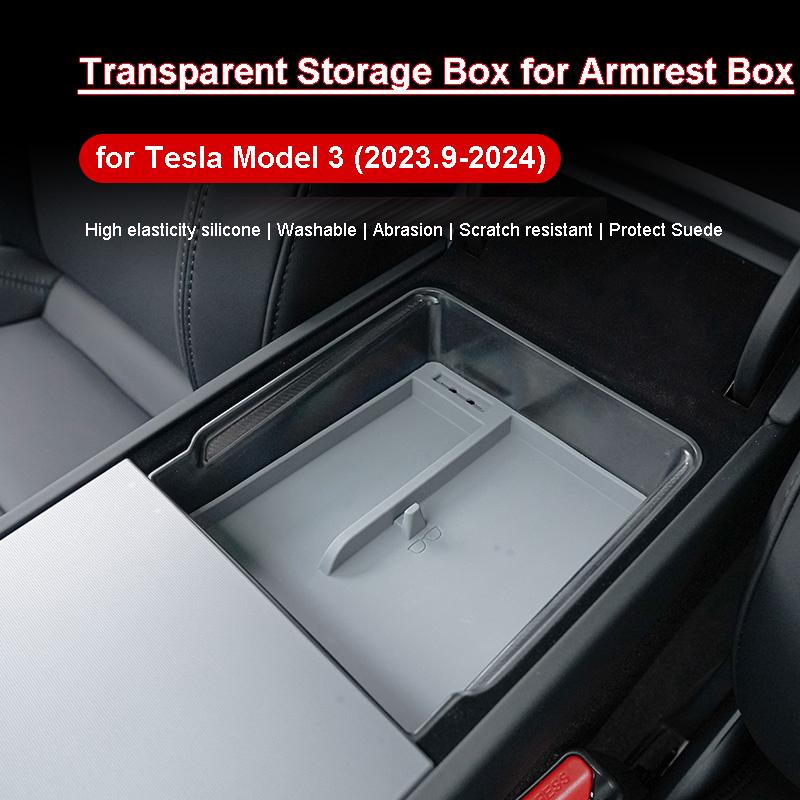 For Tesla Model 3 2024 Center Console Storage Organizer Box Transparent Armrest Storage Case Gray Modified Interior Accessories