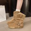 Fashion Retro Stacked Boots Internal Height 3cm Women Autumn Shoes Suede Flat Bottom Casual Slip on Metal Buckle Soft Ankle Boots Female
