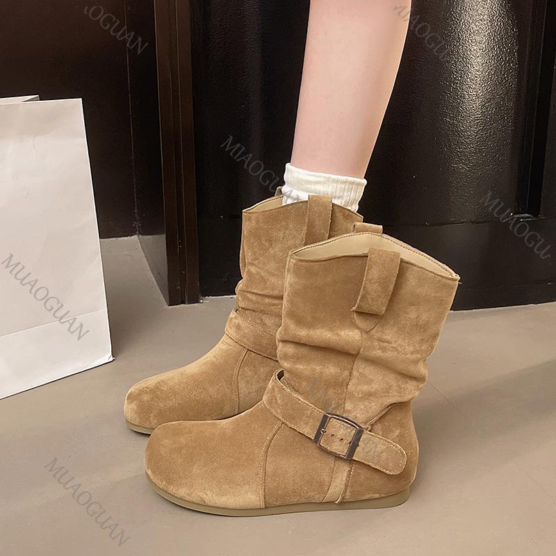 Fashion Retro Stacked Boots Internal Height 3cm Women Autumn Shoes Suede Flat Bottom Casual Slip on Metal Buckle Soft Ankle Boots Female