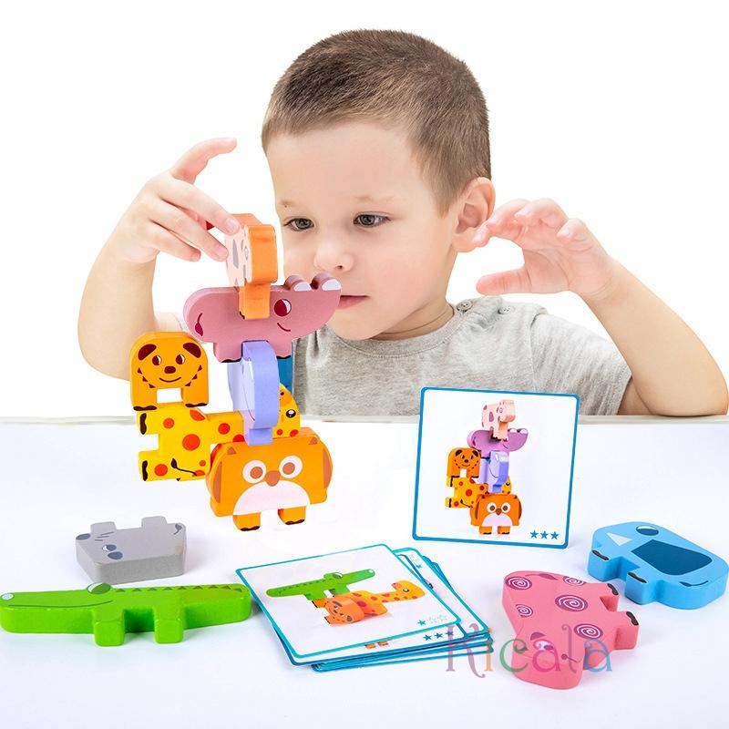 Wooden Animal Stacking Blocks Toy Shape Matching Puzzles Game Balance Fine Motor Training Montessori Educational Toddler Toys