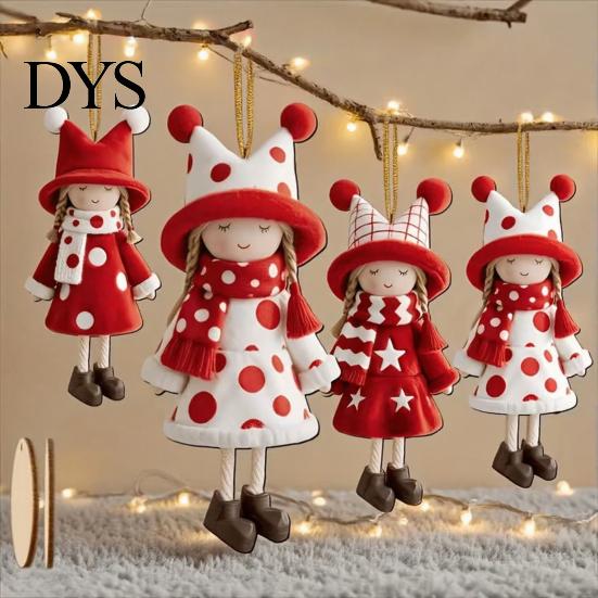 Decorative Hanging Ornaments for Shop Girl Christmas Ornaments, 2D Flat Wooden Red White Rustic Tree Holiday Figure Decoration Tree, Mantel,
