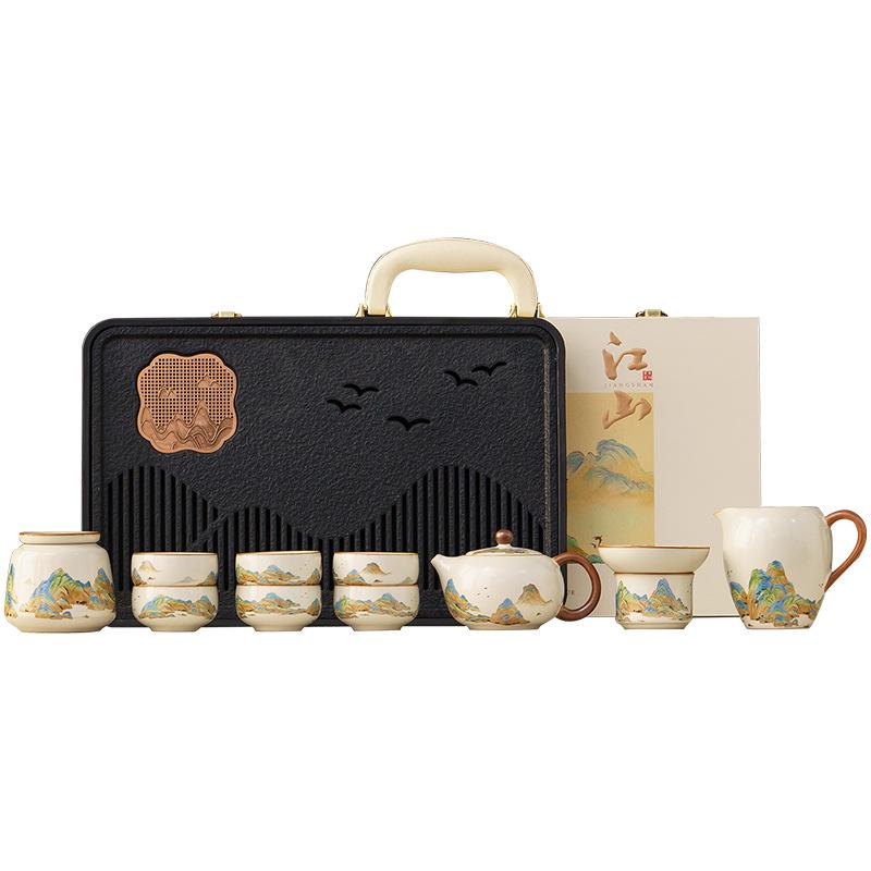 Ru Kiln Light Luxury Tea Set: 'A Thousand Li of Rivers and Mountains' - Complete Teapot and Teacups Gift Box for Elders