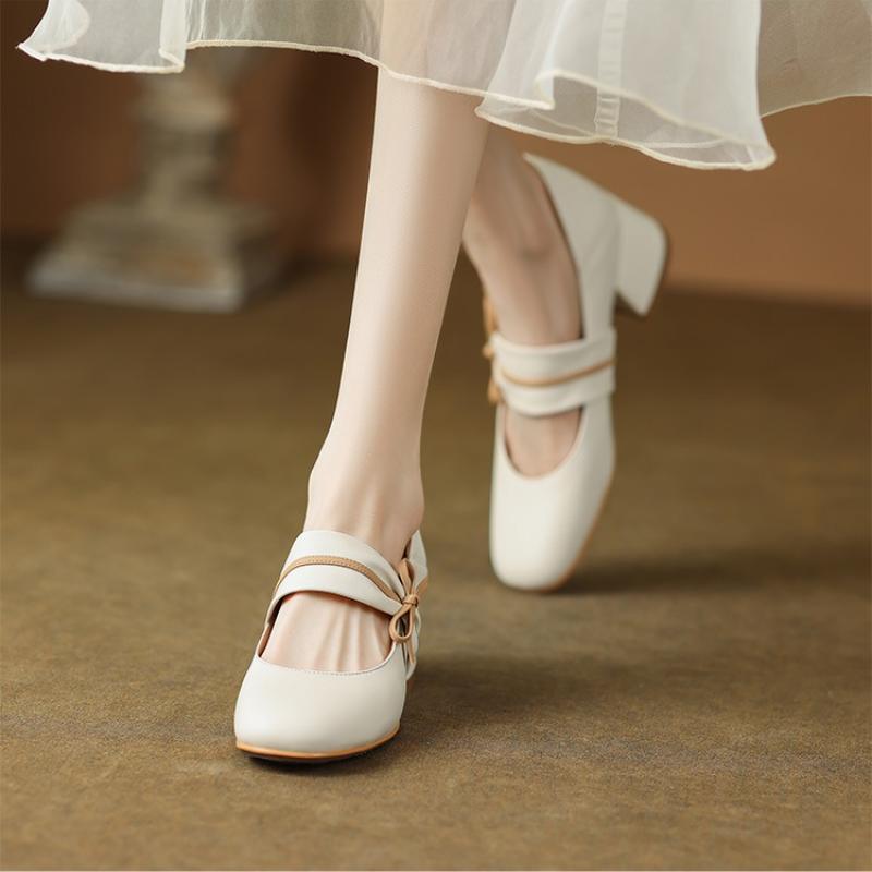 Fashion Vintage Square Toe Bowknot Decoration Pu Mary Jane Shoes Women 2025 Summer Medium Heel Dress Pumps Elegant Autumn Office Pumps