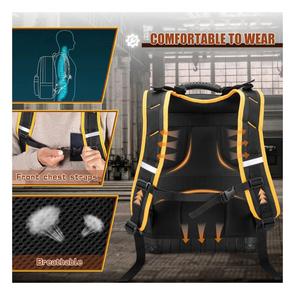 Batoh na nářadí s pevným dnem a pouzdrem na nářadí, Odolná brašna na nářadí s mnoha kapsami a přihrádkou na notebook, Černý