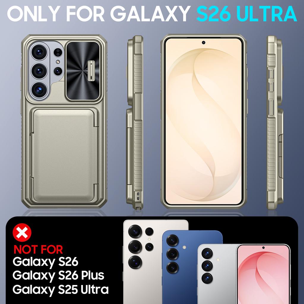 With Card Holder Sliding Camera Cover And Stand For Samsung Galaxy S26 Ultra Phone Case, Anti-Fall PC+TPU Wallet Case-Champagne