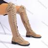Fashion Comemore Thigh High Boots Women Spring Autumn Suede Solid Color Lace Up Long Botas Casual Thick Low Heel  Over The Knee Boots