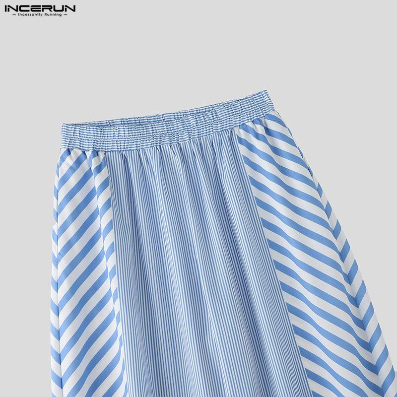INCERUN 2 Stück Sommer Herren Kurzarm Gestreifte Nähte Hemden und Lange Hosen Übergroße Outfits Sets
