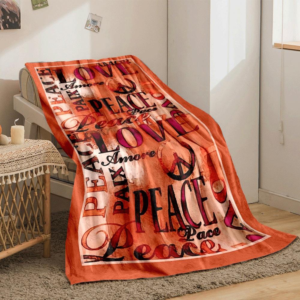 The pattern features "Love" and "Peace" text in various styles and colors. for all seasons blanket lunch break throw gift