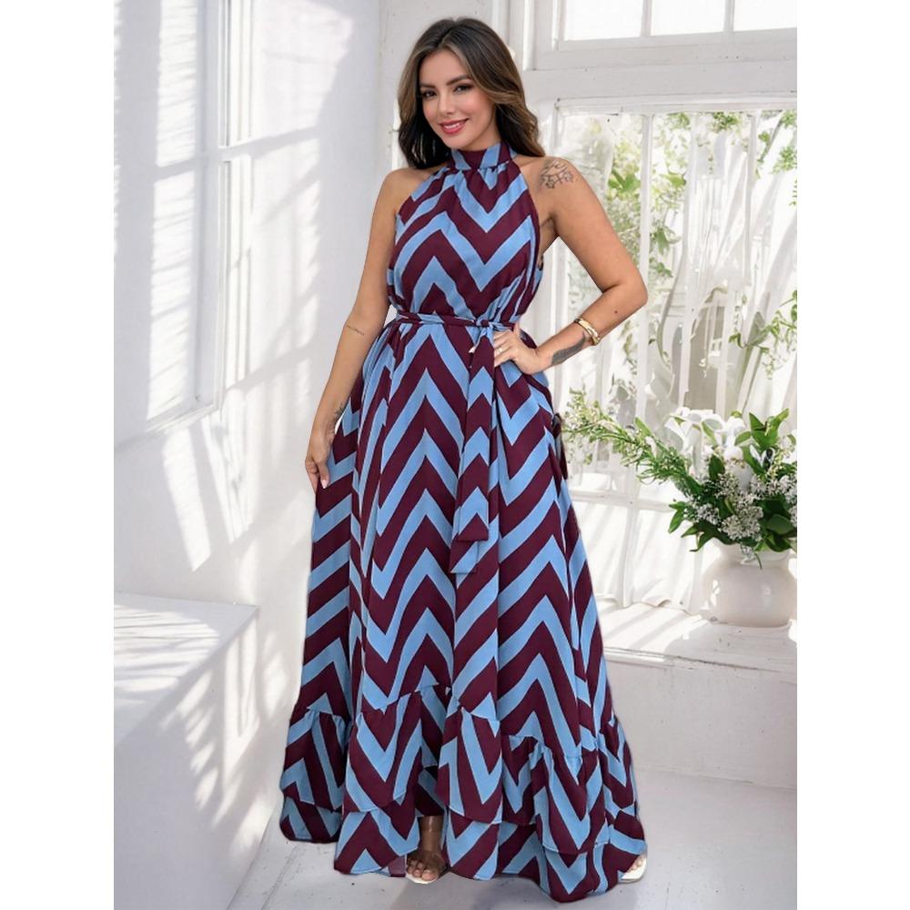 Sexy Sleeveless High Neck Wave Stripe Printed Dress Summer Tie Waist A-Line  Dress Buy cheaply on Joom