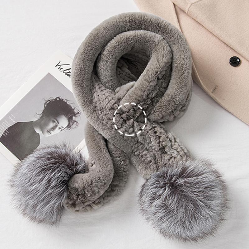 Luxury New Rex Rabbit Fur Long Scarf Mufflers Soft Thick Shawl Neck Ring for Women Silver Fox Fur Pompoms for Winter