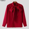 INCERUN Oversized Men Bow Knot Neck Long Sleeve Casual Loose Elegant Shirts