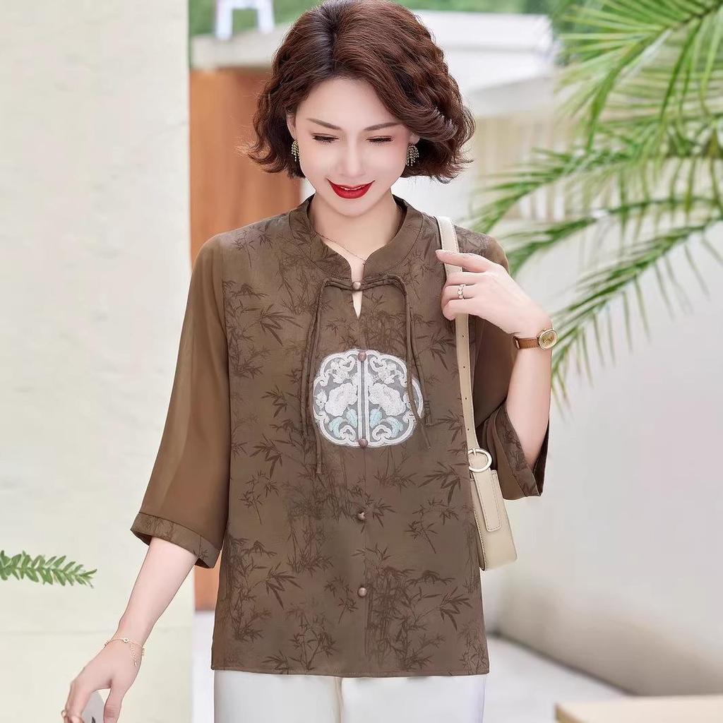 Mom's New Summer Chiffon Blouse: Chinese-Style Two-Piece Set for Middle-Aged & Elderly Women