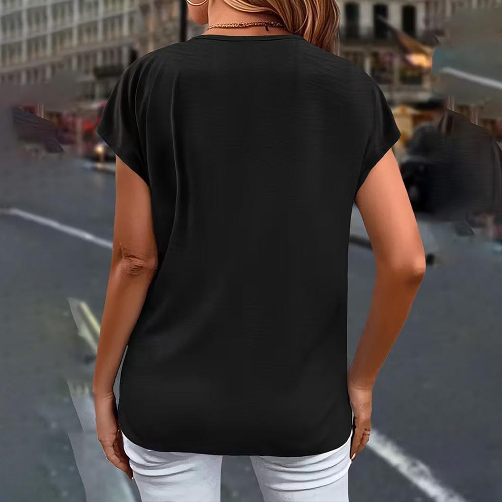 Fashionable Women's V-neck Ruffled Short Sleeved Chiffon Shirt, Women's Summer Temperament Commuting  Color Top