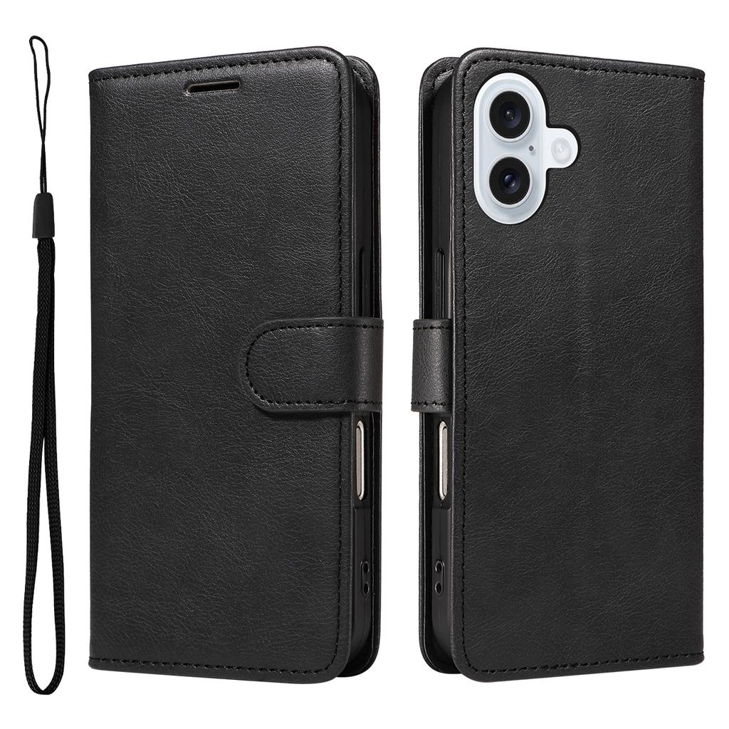 For iPhone 17 Leather Wallet Case with Strap Solid Color Phone Stand Cover