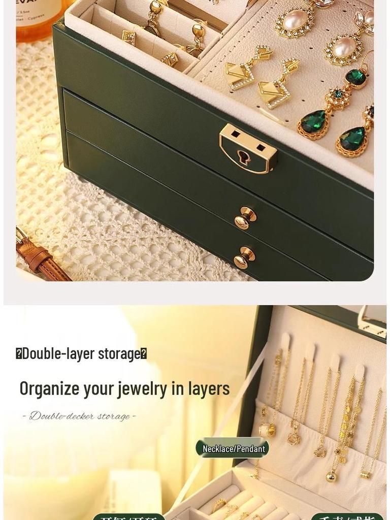 Three-Layer Leather Jewelry Box with Lock - Large Capacity, Dustproof, Multifunctional Storage