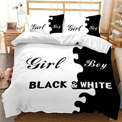 Black And White Duvet Cover Set King And Queen Bedding Set For Couple Romantic Valentine's Day Presents Polyester Duvet Cover