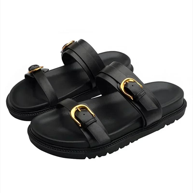 Luxury Platform Slippers for Women Summer High Quality Soft Leather Metal Buckle Slide Sandals Beach Flat Shoes