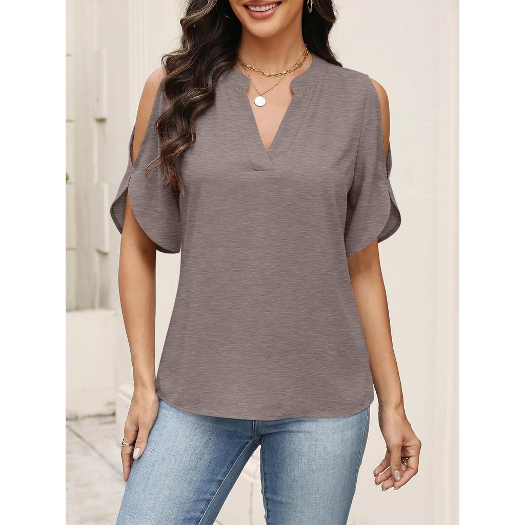 Womens Cold Shoulder V Neck T Shirt Short Sleeve Casual Loose Fit Top Summer Lightweight Blouse