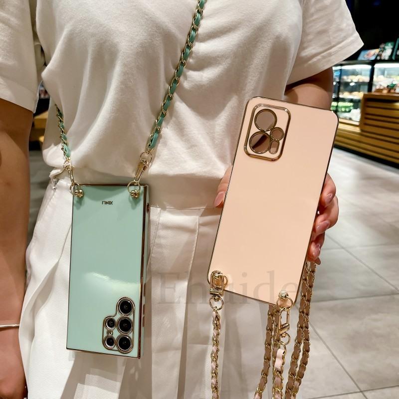 PU Leather Chain Crossbody Lanyard Case For iPhone 16 15 14 13 12 11 Pro Max Mini XS X 7 8 Plus Plating TPU Strap Cover