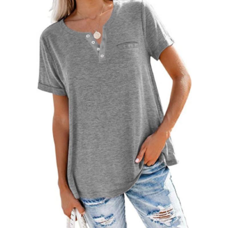 Spring Summer Style Jacket V-neck Short Sleeve Pocket Loose T-shirt Woman