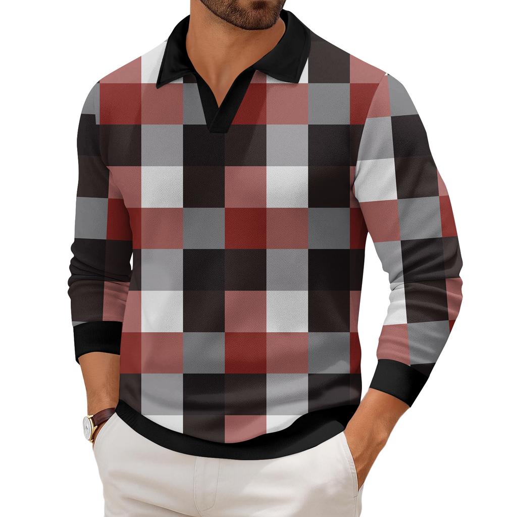 Men's Casual Fashion Printed Lapel Long-sleeved Knitted Bottoming Shirt Top