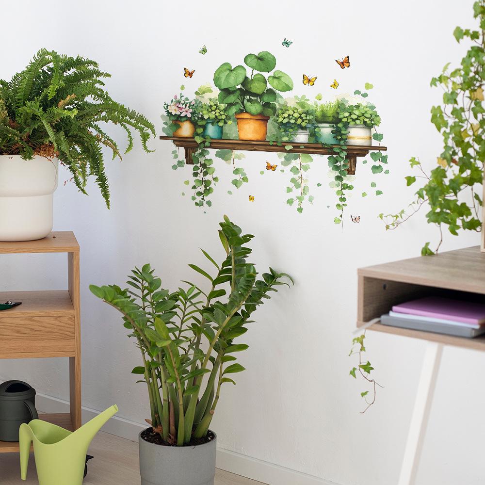 Painted Green Ivy Potted Plant Shelf, Butterfly Living Room and Bathroom Decorative Wall Stickers