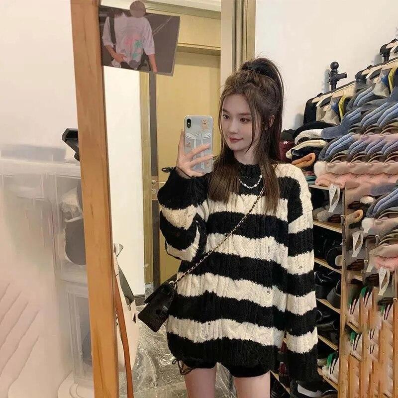 Punk Style Irregular Ripped Sweater Women's Striped Knit Pullover Loose Long-sleeve Crew Neck Top Twist Pullover Coat Korean Fashion