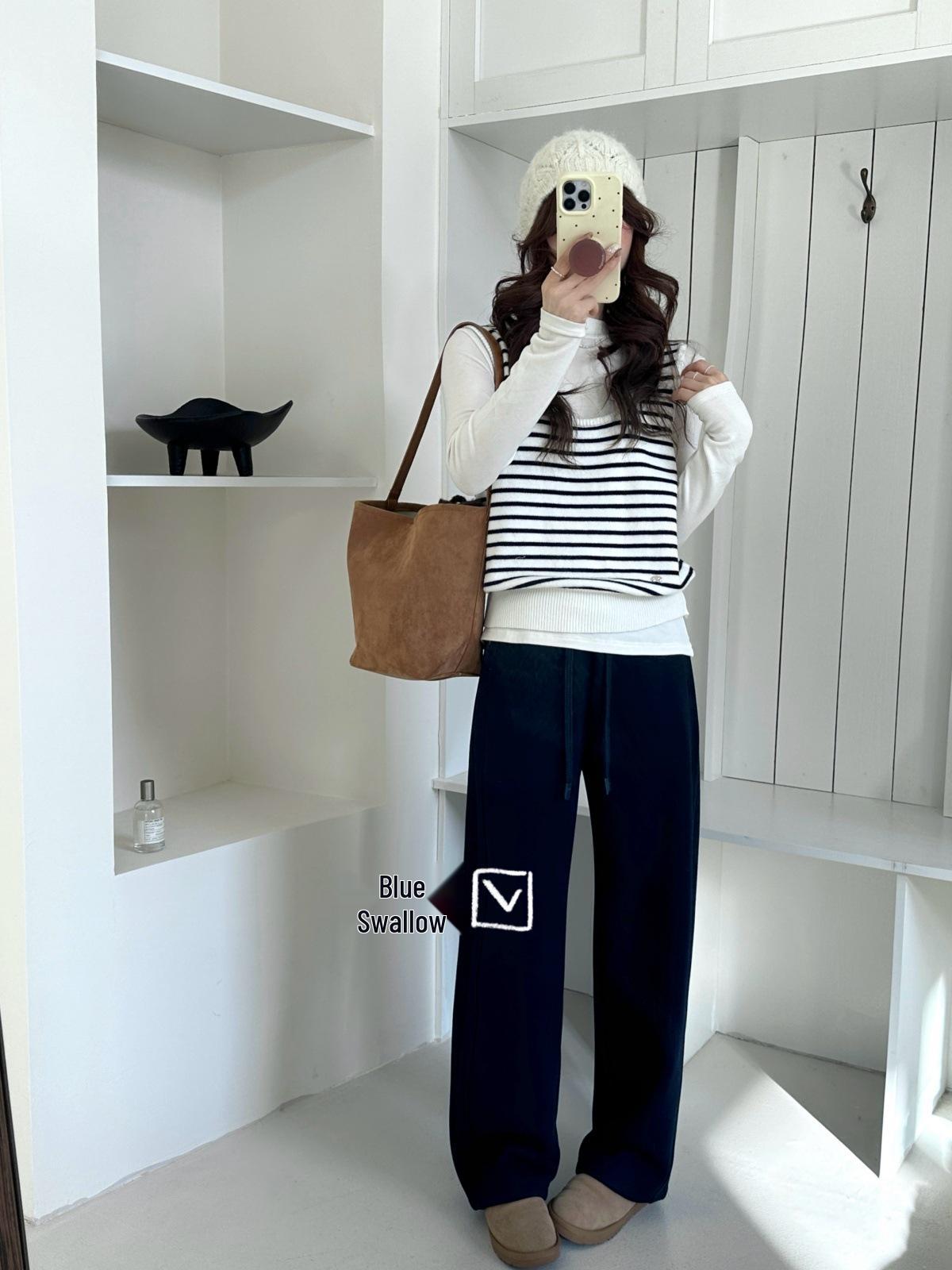 

Women s High-Waisted Fleece-Lined Wool Wide-Leg Pants for Autumn/Winter - Slimming, Loose, and Warm. L (105-120 jin) темно-синий