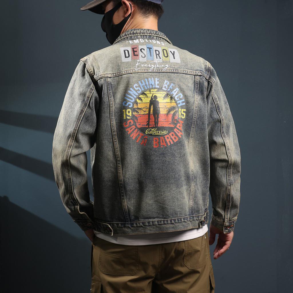 Xintang Men's Loose Casual Denim Jacket with Lapel and Feature Print for Spring & Autumn 2025