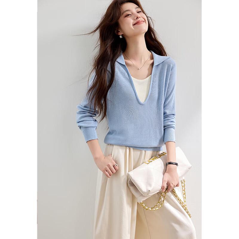 VICTORIA&VERA Women's Wool Blend Faux Two-Piece V-Neck Knit Sweater