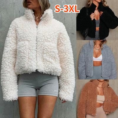 Plush Furry Women Fashion Coat Cardigan Long Sleeve Zip Lady Winter Warm Outwear