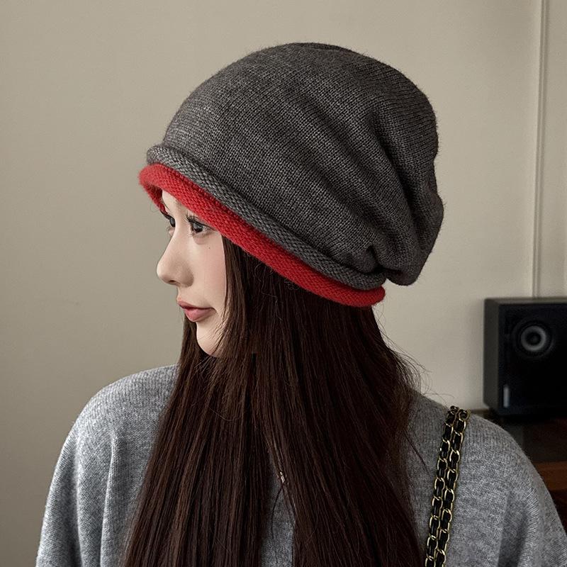 

Шерстяная двухцветная шапка-бини с подвернутым краем, осенне-зимняя, с защитой ушей, теплая, для большого обхвата головы, универсальная шапка-бини 56-62cm
