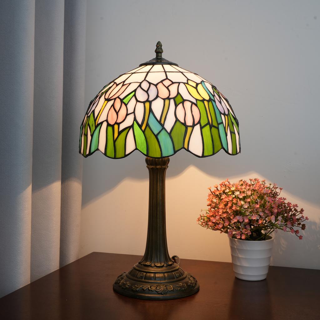 12-Inch Pink Tulip Colorful stained Glass Table Lamp Christmas Atmosphere Lampshade Living Room Bedroom Decorative Lighting