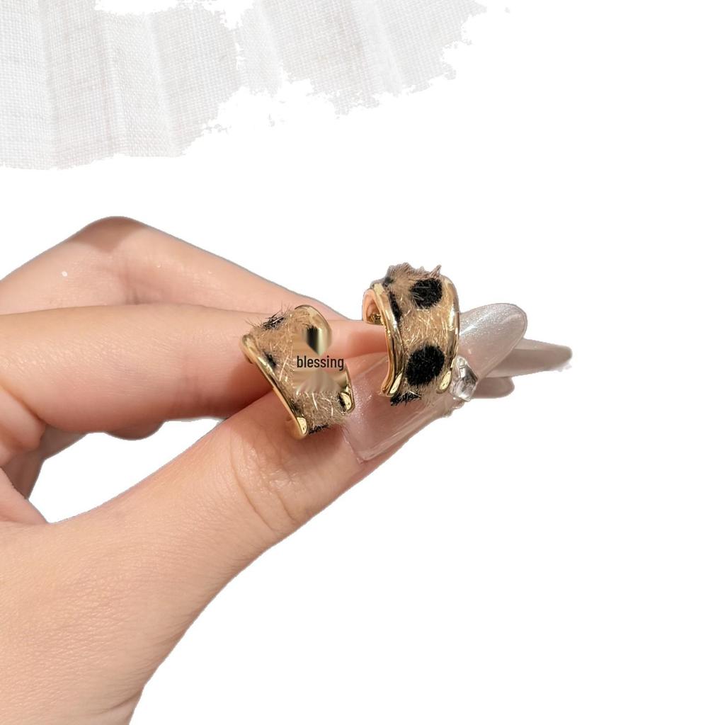 Flocked Leopard Print C-Hoop Earrings: Elegant, High-End Fashion for Women
