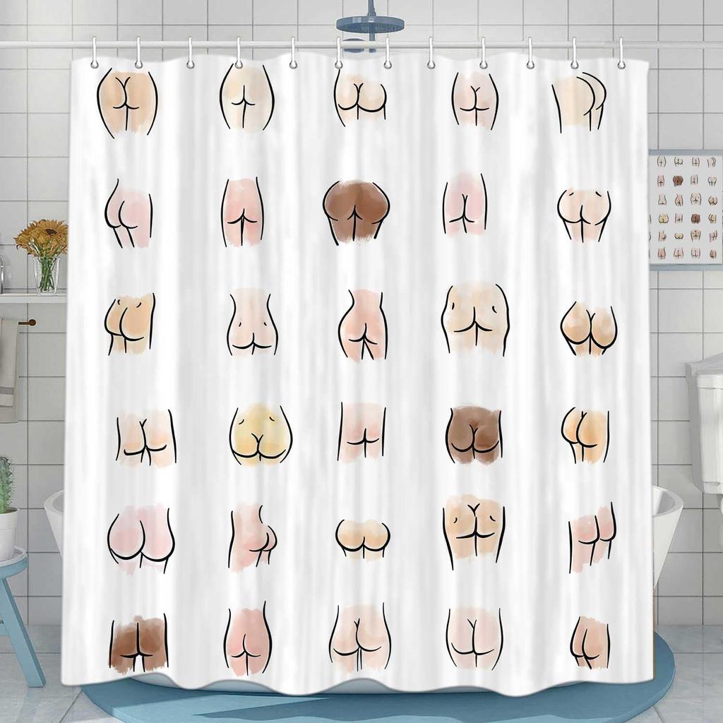Bathroom Funny Shower Curtain, Funny Butt Hilarious Fabric White Toilet Decoration Accessories Shower Curtain With 12 Hooks
